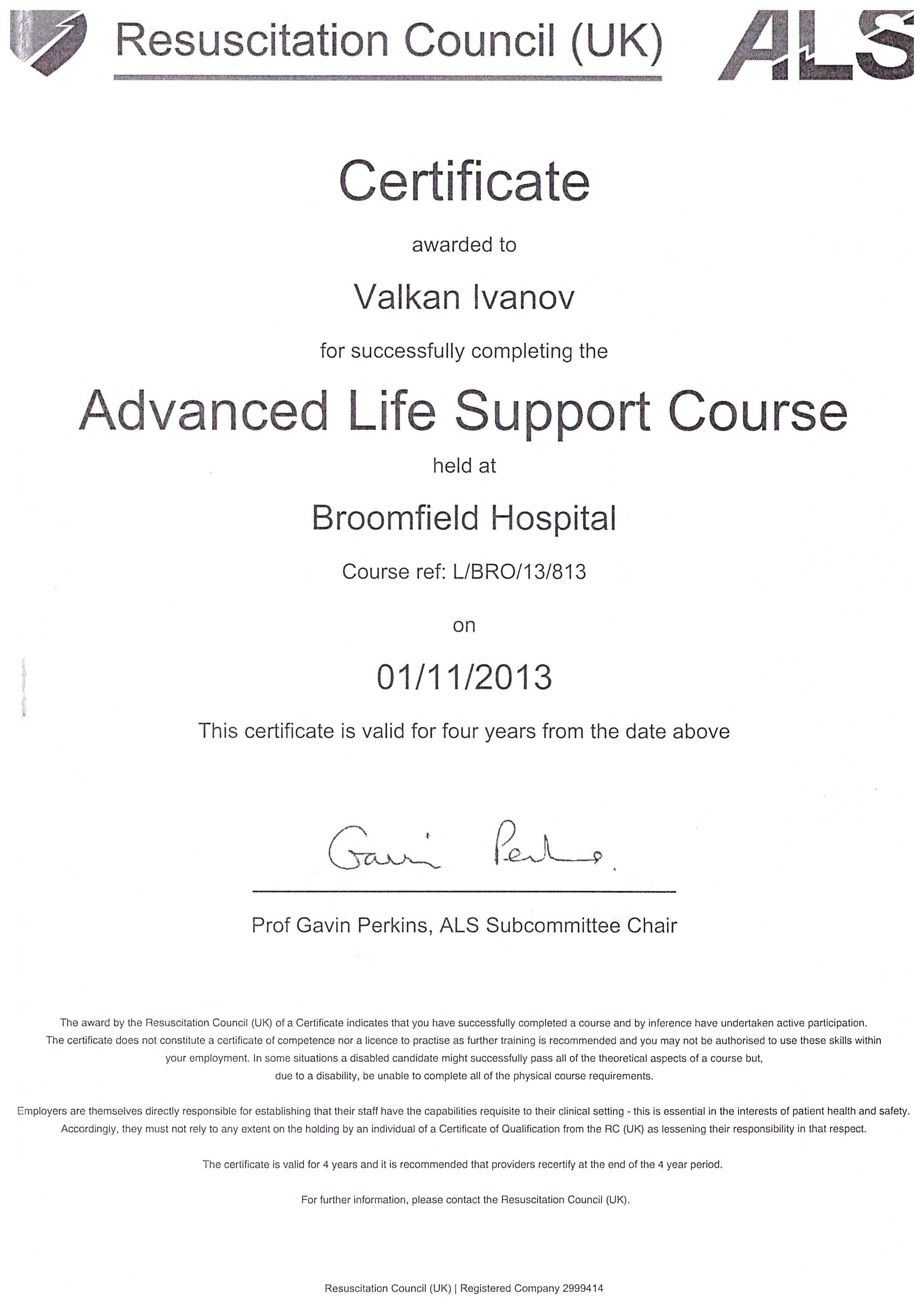 Квалификации д-р Вълкан Иванов Advanced Life Support Course Broomfield Hospital