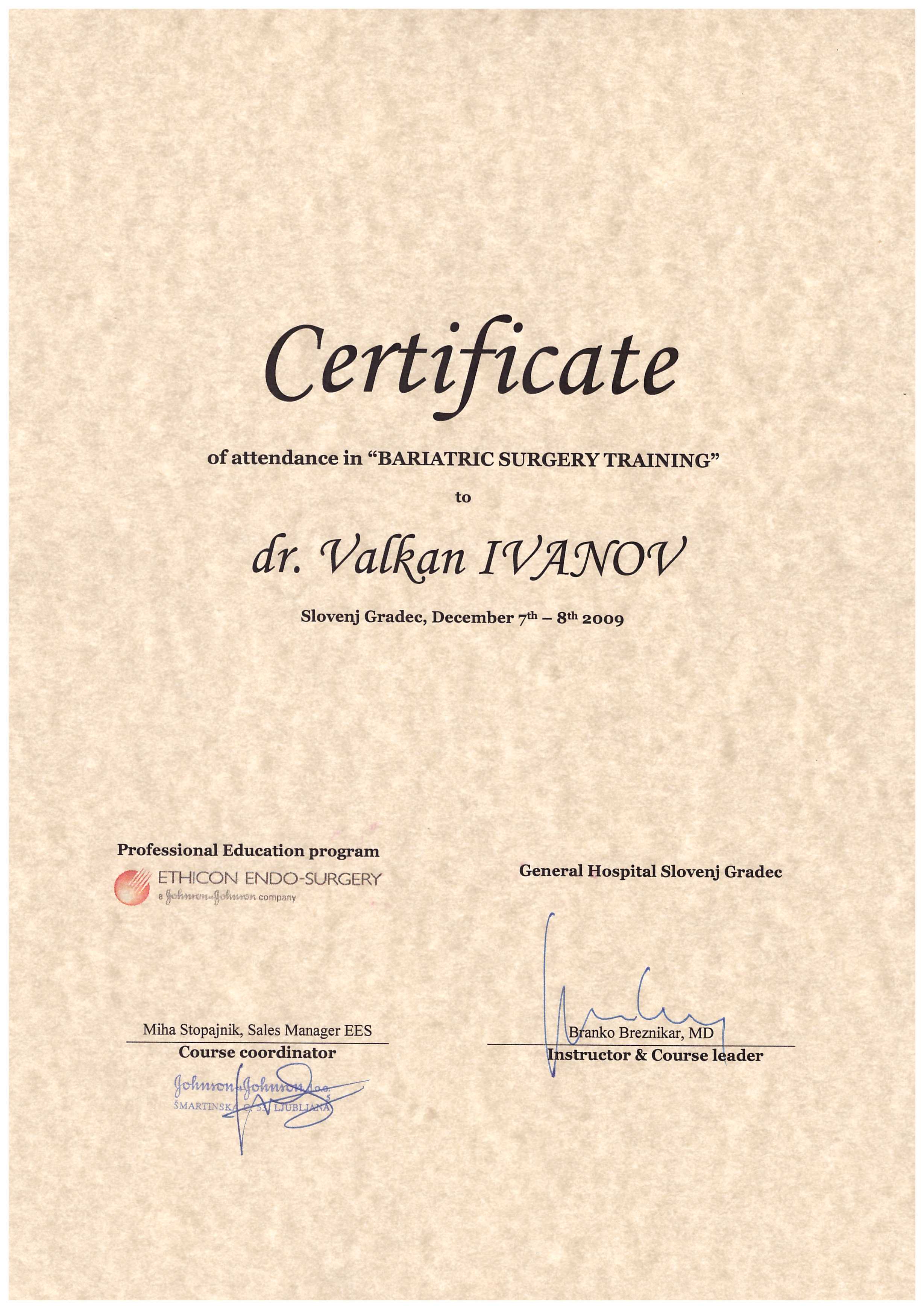 Сертификат Д-р Вълкан Иванов Бариатрична хирургия 2009