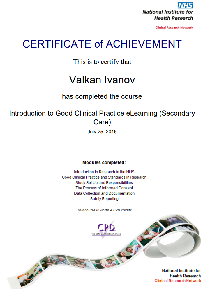 Good Clinical Practice eLearning July 25, 2016 | NHS UK Certificate of Achievement