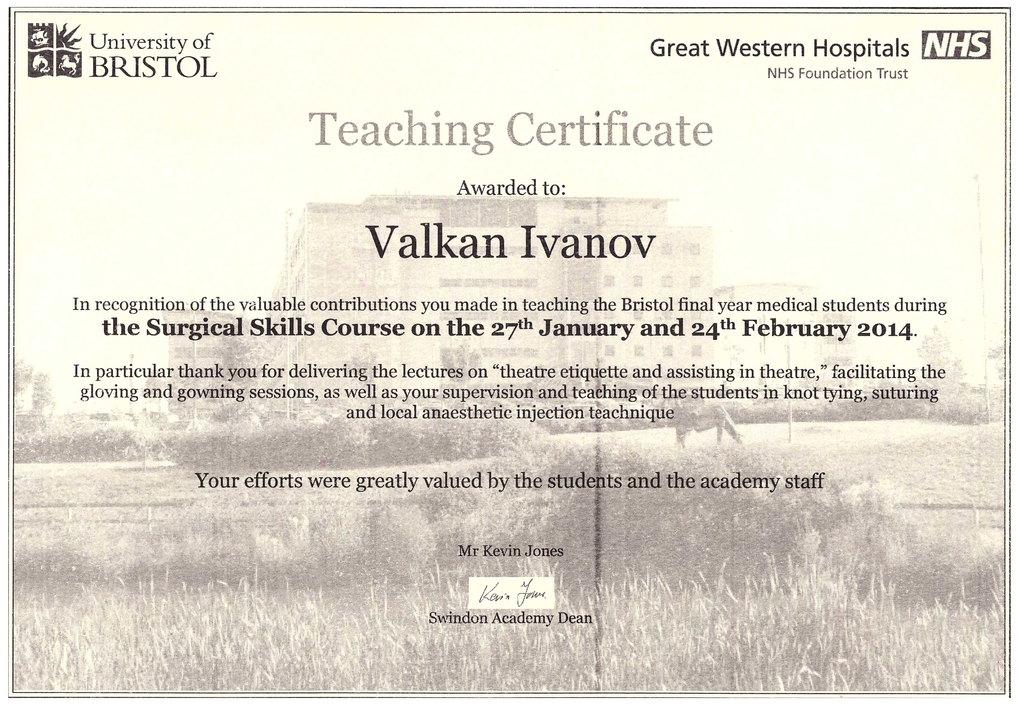 Квалификации д-р Вълкан Иванов Teaching Certificate Surgical Skills University of Bristol 2014