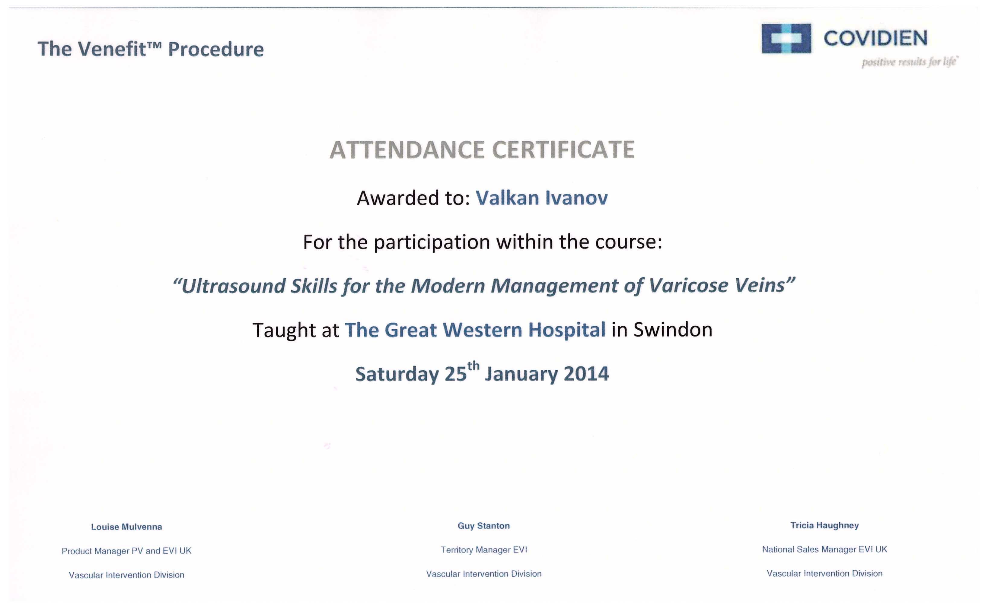 Квалификация д-р Вълкан Иванов Ultrasound Skills Swindon 2014