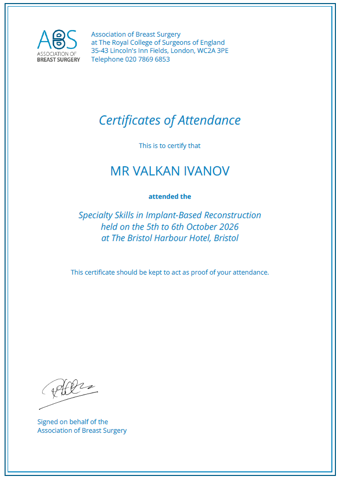 Certificate of Attendance, Association of Breast Surgery, Bristol, 5–6 October 2026